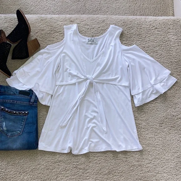 White Cold Shoulder Tie Front Top - Picture 9 of 14